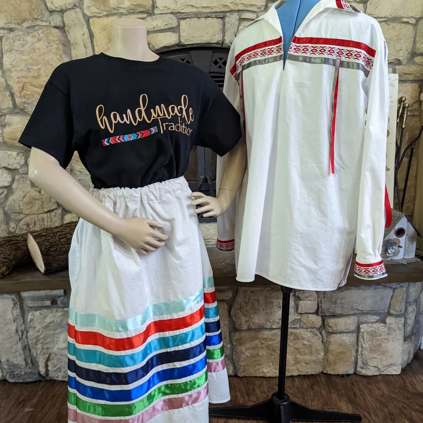 A mannequin wearing a black shirt that says handmade traditions
