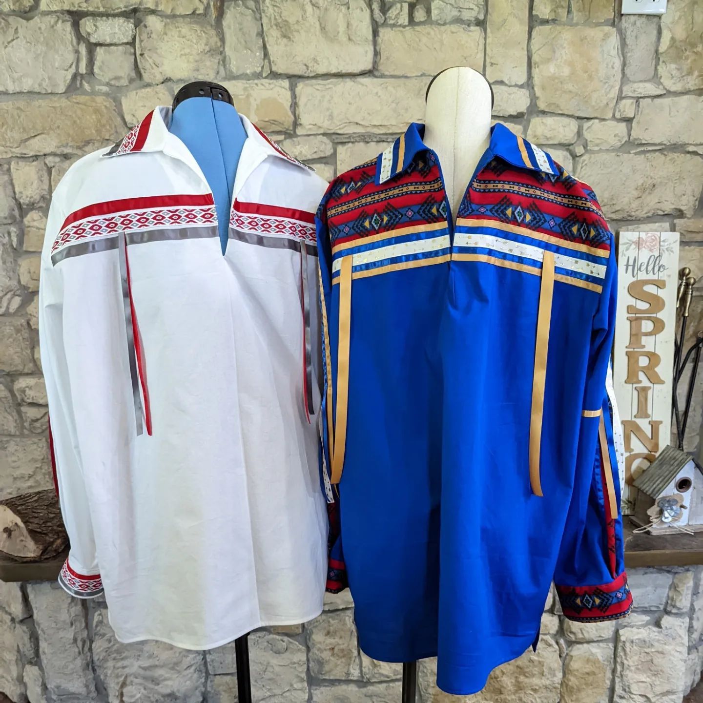 Weddinf collection two blue and white shirts are on mannequins in front of a sign that says hello spring