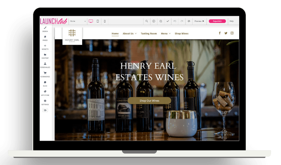 A laptop computer is open to a website for henry earl estates wines.