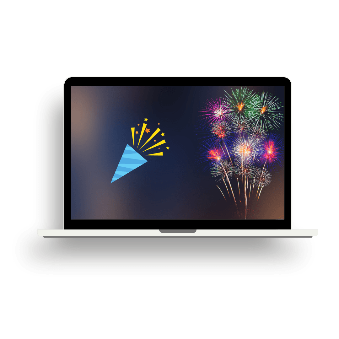 A laptop with a party popper and fireworks on the screen.