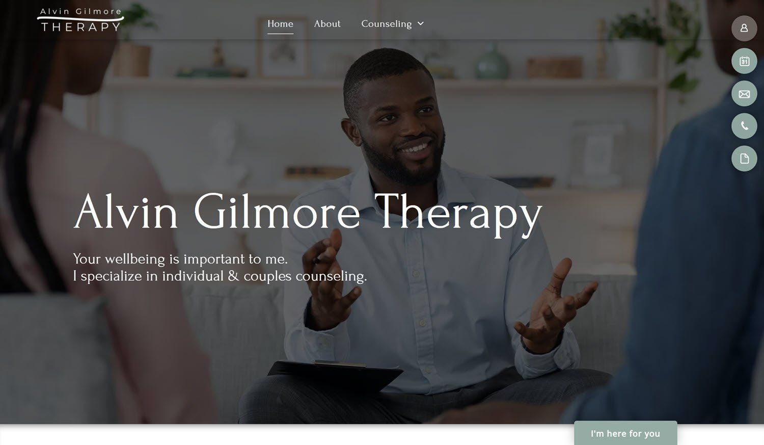The website for alvin gilmore therapy shows a man talking to a woman.