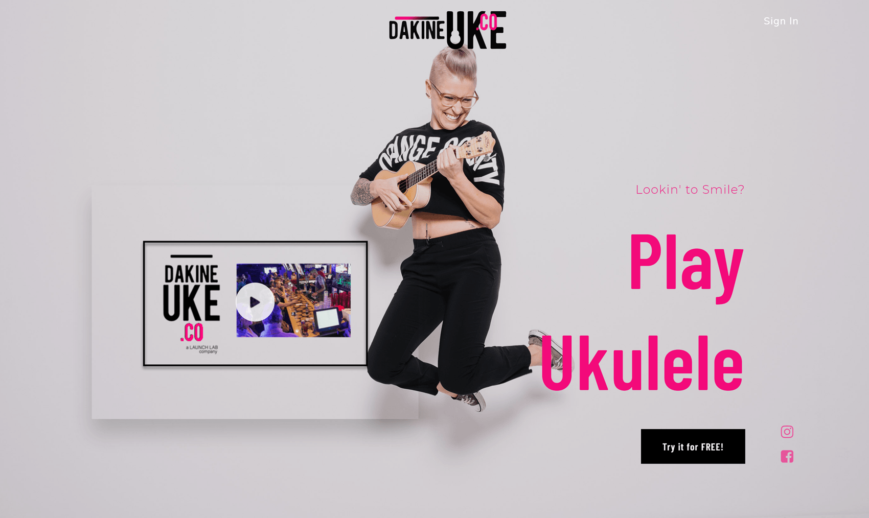 A woman is jumping in the air while playing an ukulele.