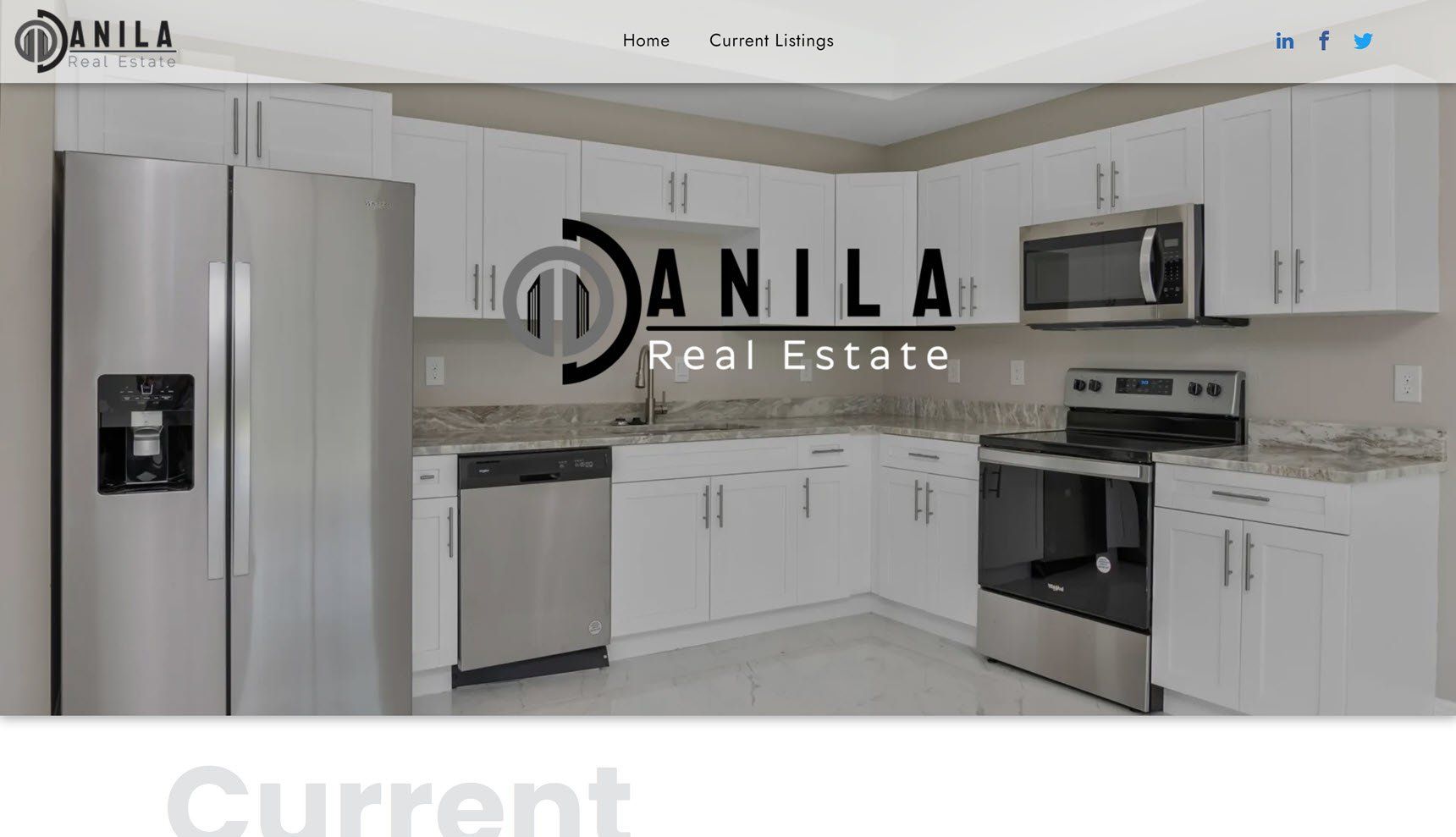The website for danila real estate shows a kitchen with white cabinets and stainless steel appliances.