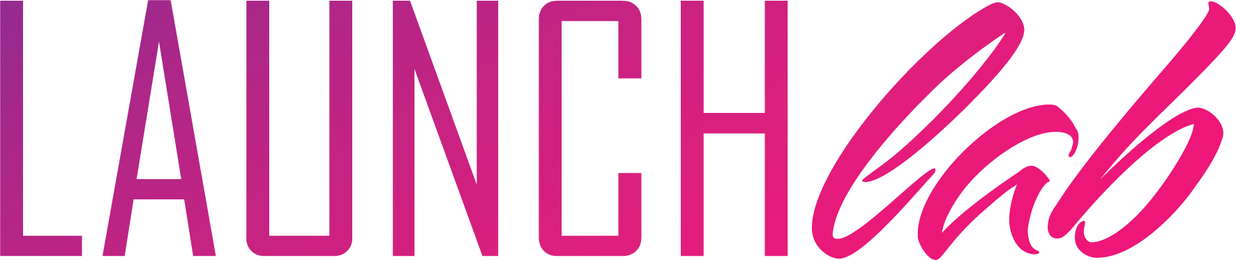 A pink logo for launch cab on a white background.