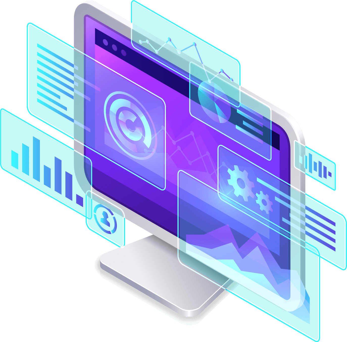 A computer monitor with a purple screen and a bunch of icons on it.