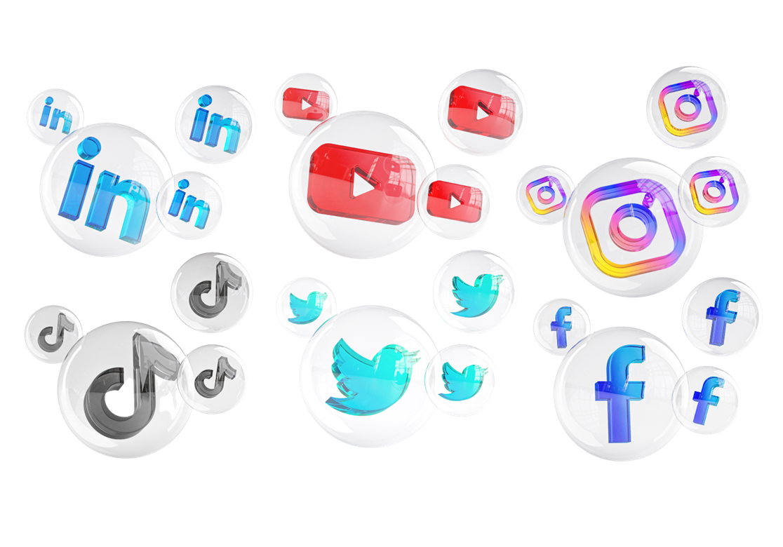 A set of social media icons in bubbles on a white background.