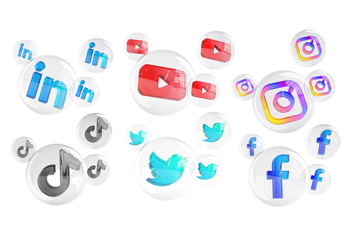 A set of social media icons in bubbles on a white background.