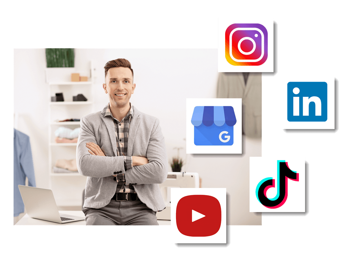A man in a suit is sitting in front of a laptop computer surrounded by social media icons.