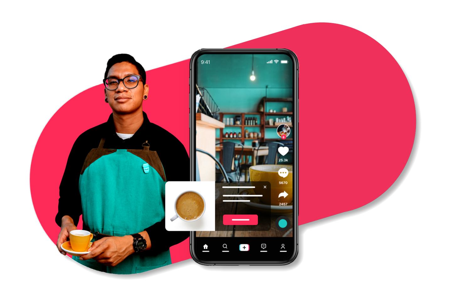 A man in an apron is holding a cup of coffee next to a cell phone.