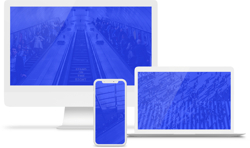 A computer , laptop , and cell phone with a blue background.