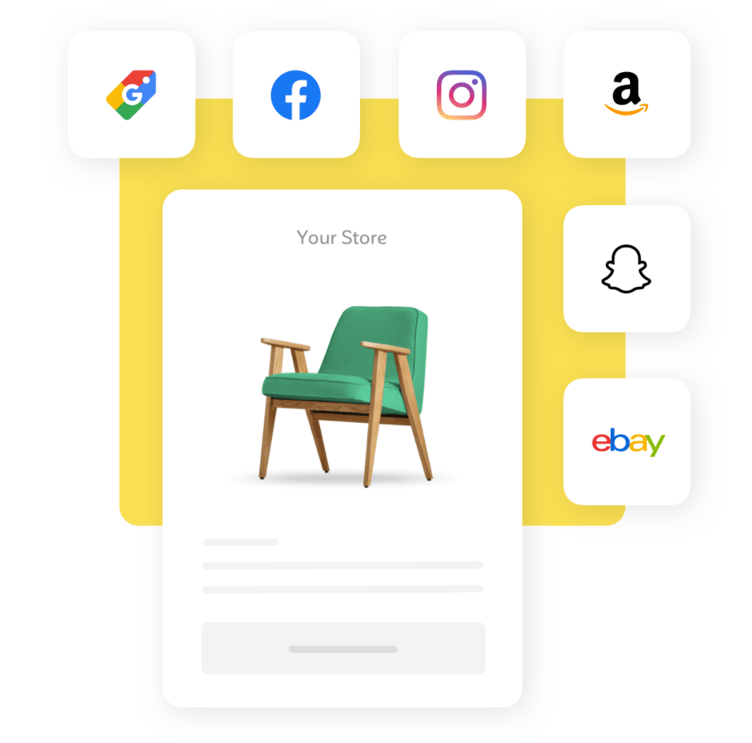 A picture of a green chair on a yellow background surrounded by social media icons.