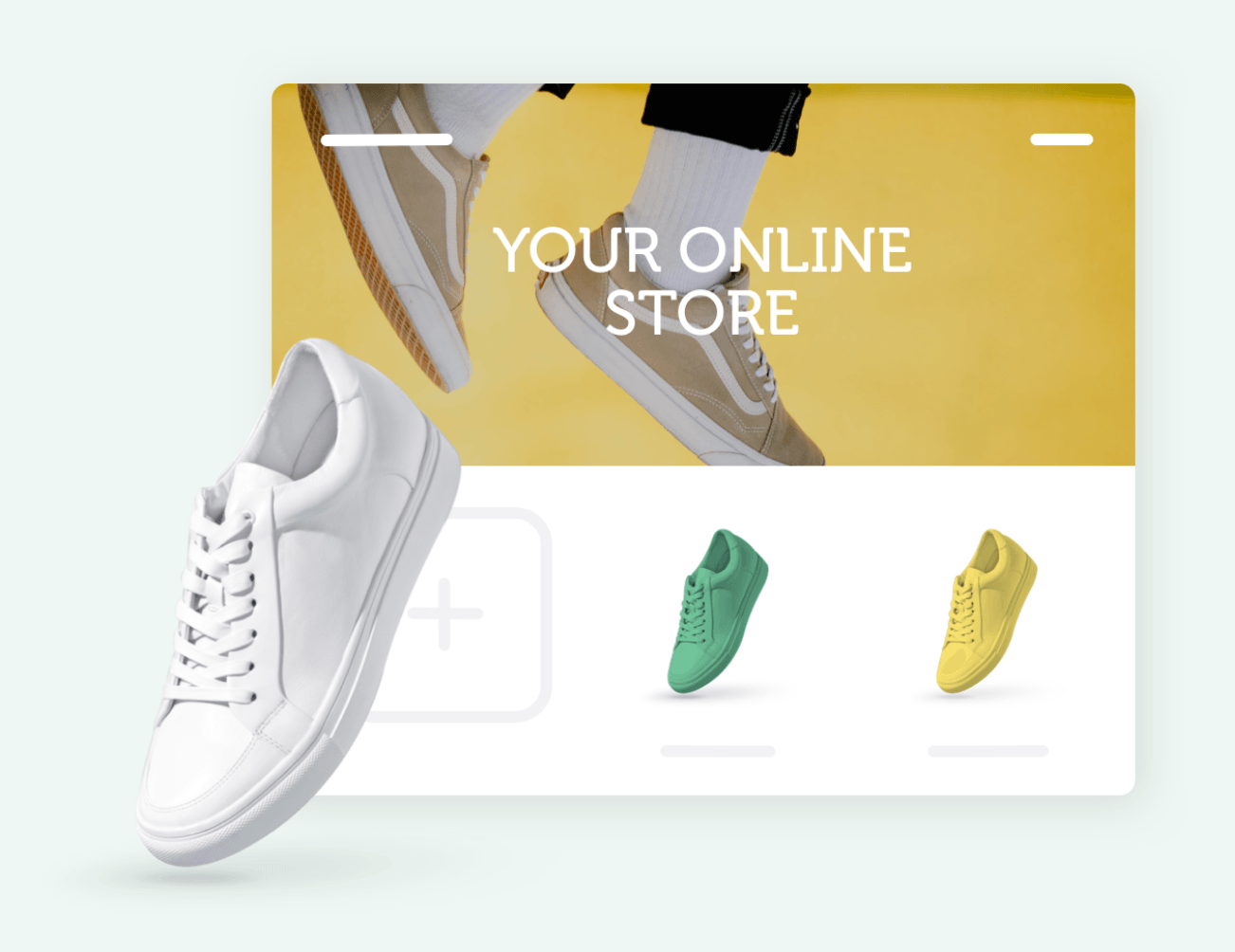 A white shoe is floating in front of a yellow background that says your online store.