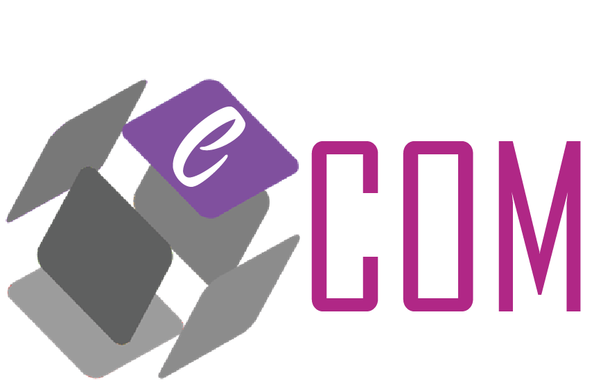 A logo for a company called ecom with a purple square on top of a box.