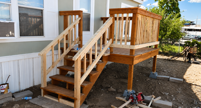 Wooden front porch steps and ramp beside a house, with railings and a raised deck on supports.