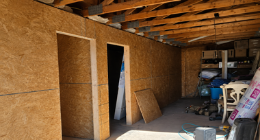 Interior of a wooden shed under construction, with open doorway, exposed rafters, and tools stored on the right.