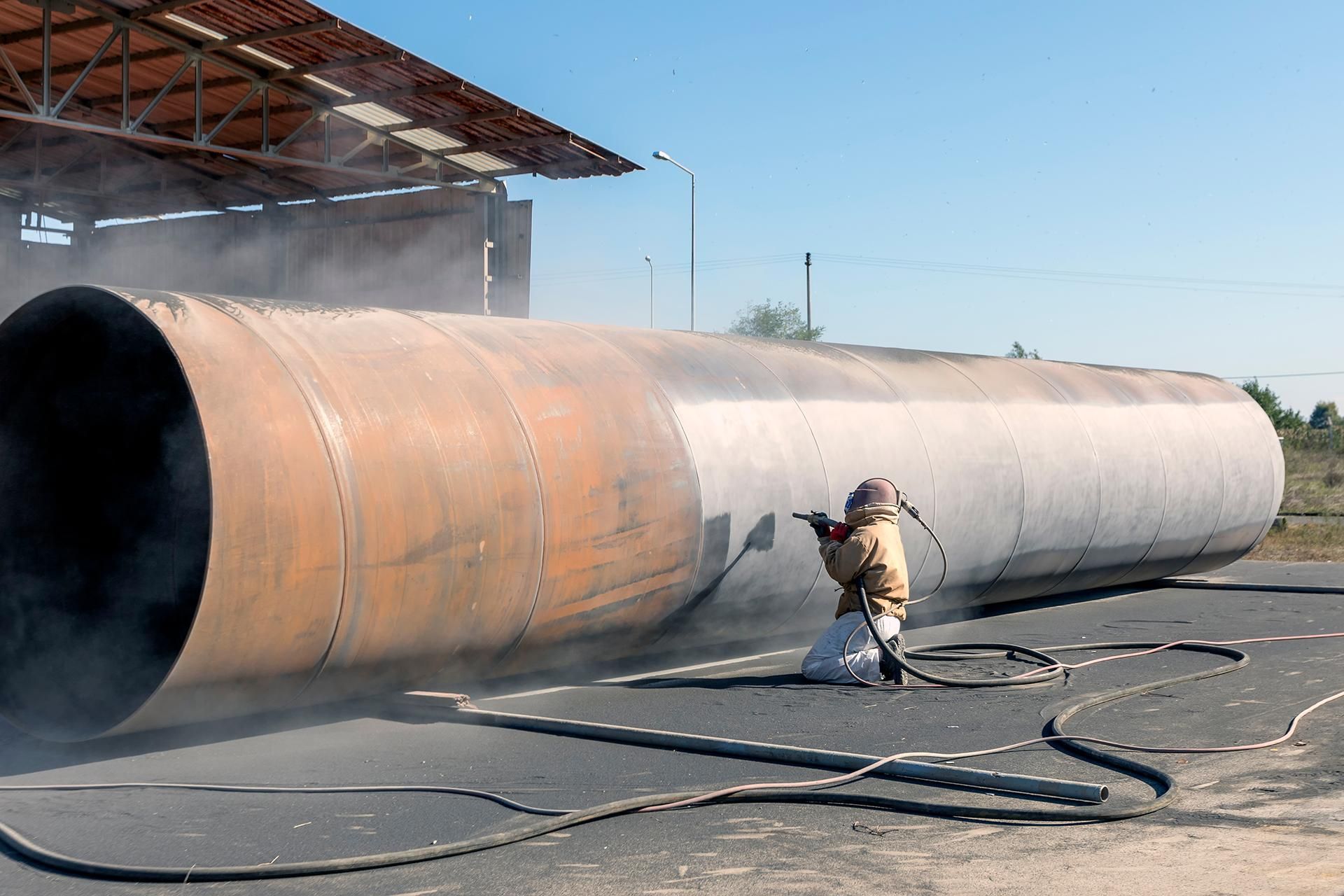 A man is sandblasting a large pipe with a machine.