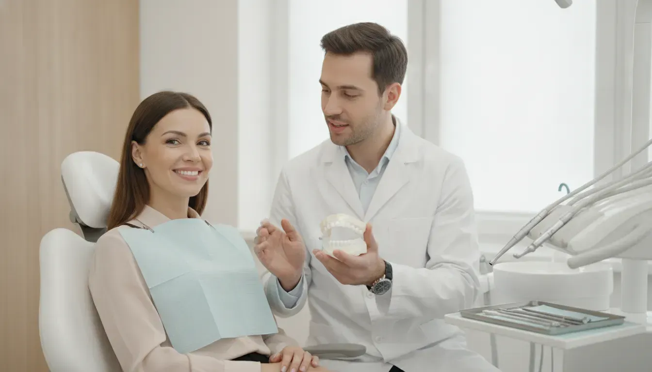 Cosmetic dentistry consultation with a smiling patient in a bright modern dental office