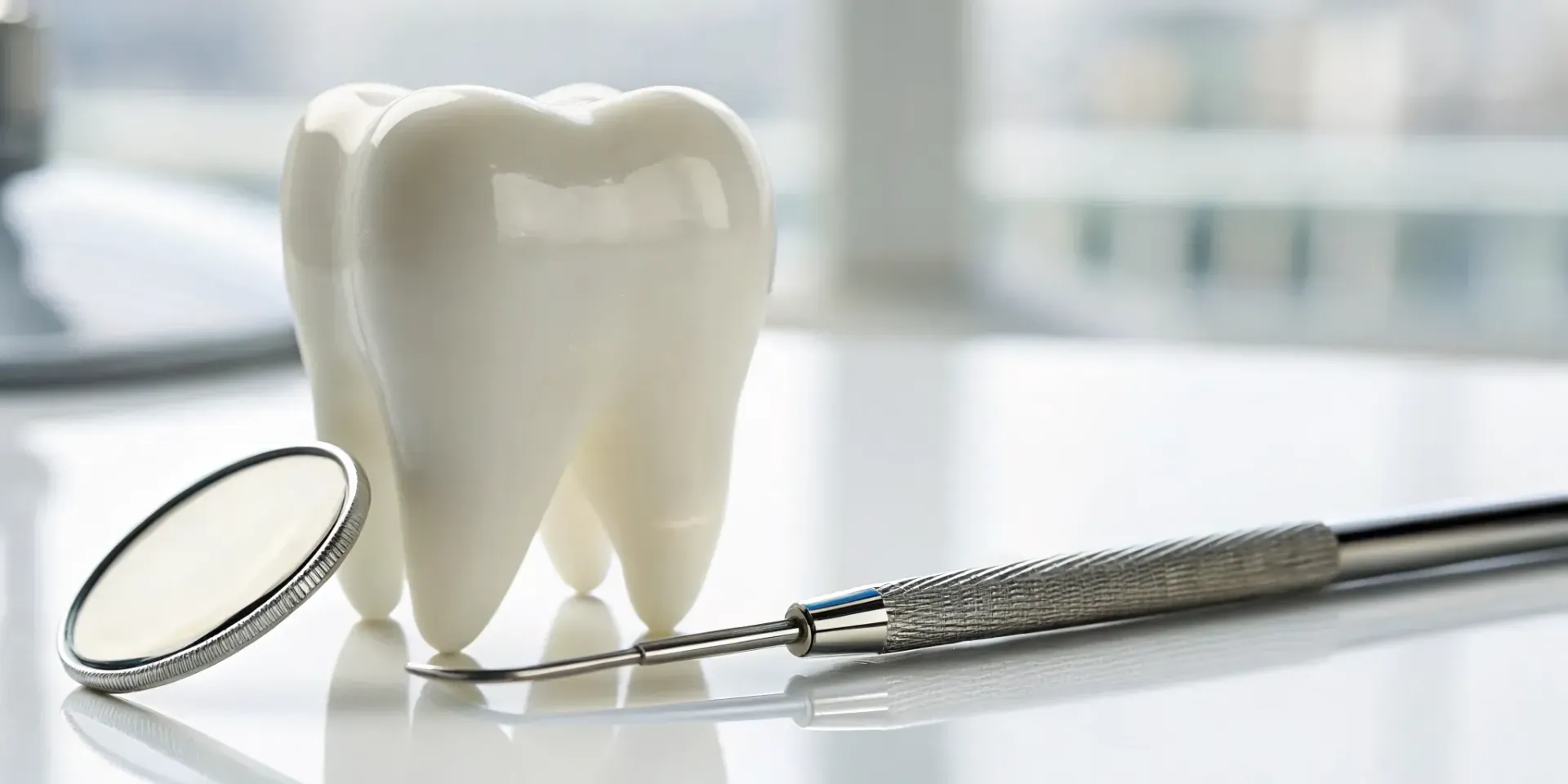 A tooth model and dental tools used for diagnosing and treating tooth decay.