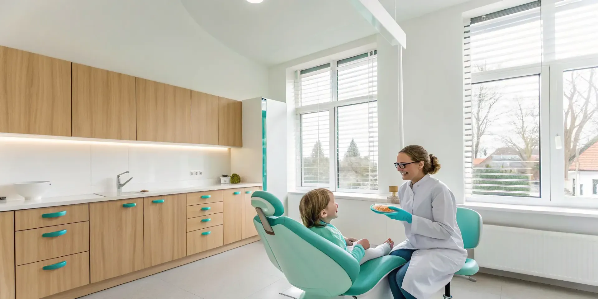 Pediatric dentist performing a check-up for a young child in a dental chair.