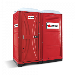 Unità bagno portatile rossa con logo Sebach, mostrata su sfondo bianco.