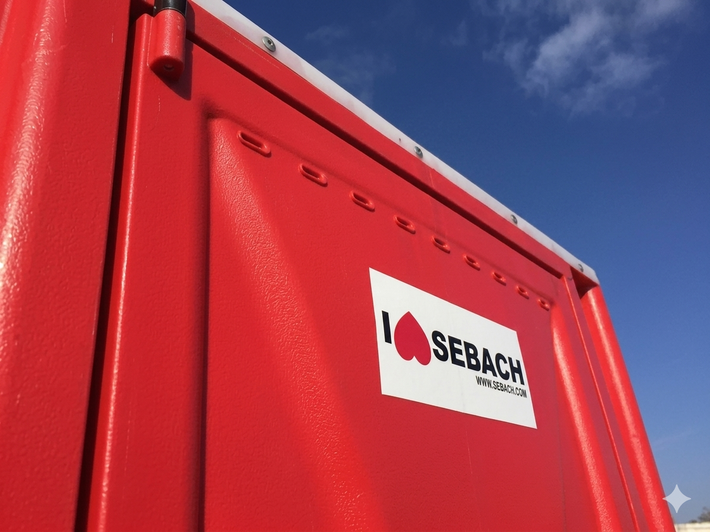 Contenitore metallico rosso SEBACH con logo su sfondo di cielo blu.
