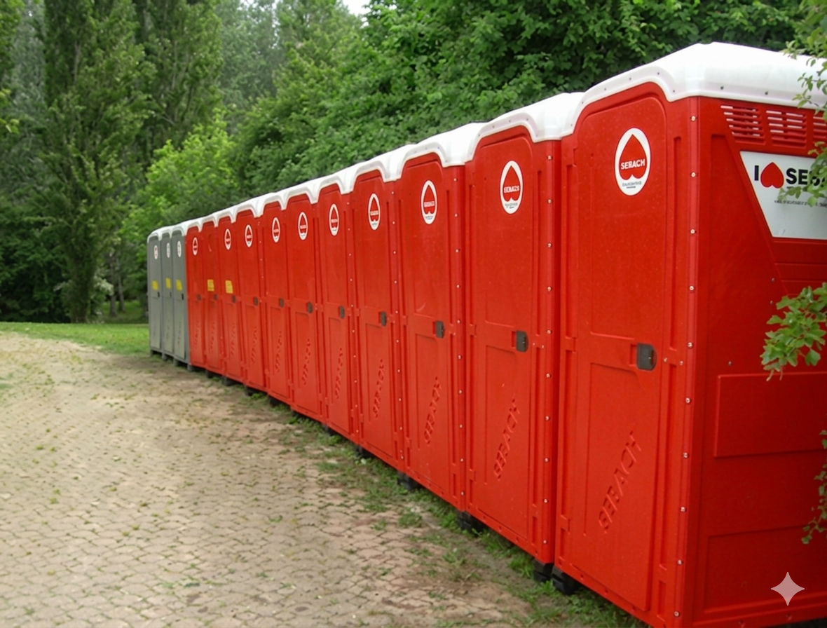 Una fila di bagni chimici rosso acceso lungo un sentiero sterrato accanto agli alberi.