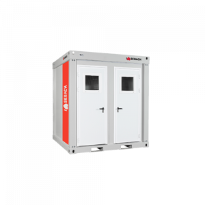 Cabina modulare portatile bianca a doppia porta con pannelli laterali rossi e piccole finestre.
