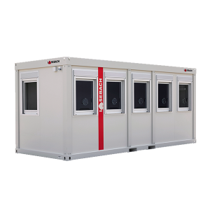 Cabina ufficio modulare portatile di colore grigio con dettagli verticali rossi e finestre multiple.