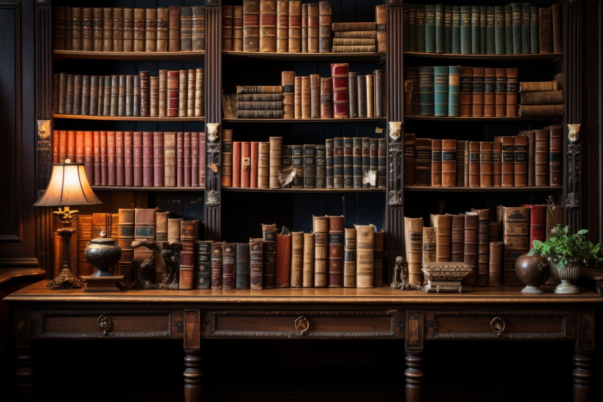 a library filled with lots of old books and a desk .