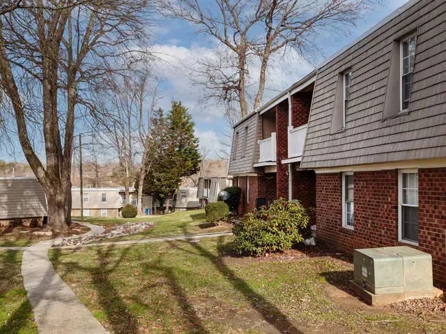 Apartment courtyard with brick buildings, leafless trees, and a winding sidewalk on a sunny day