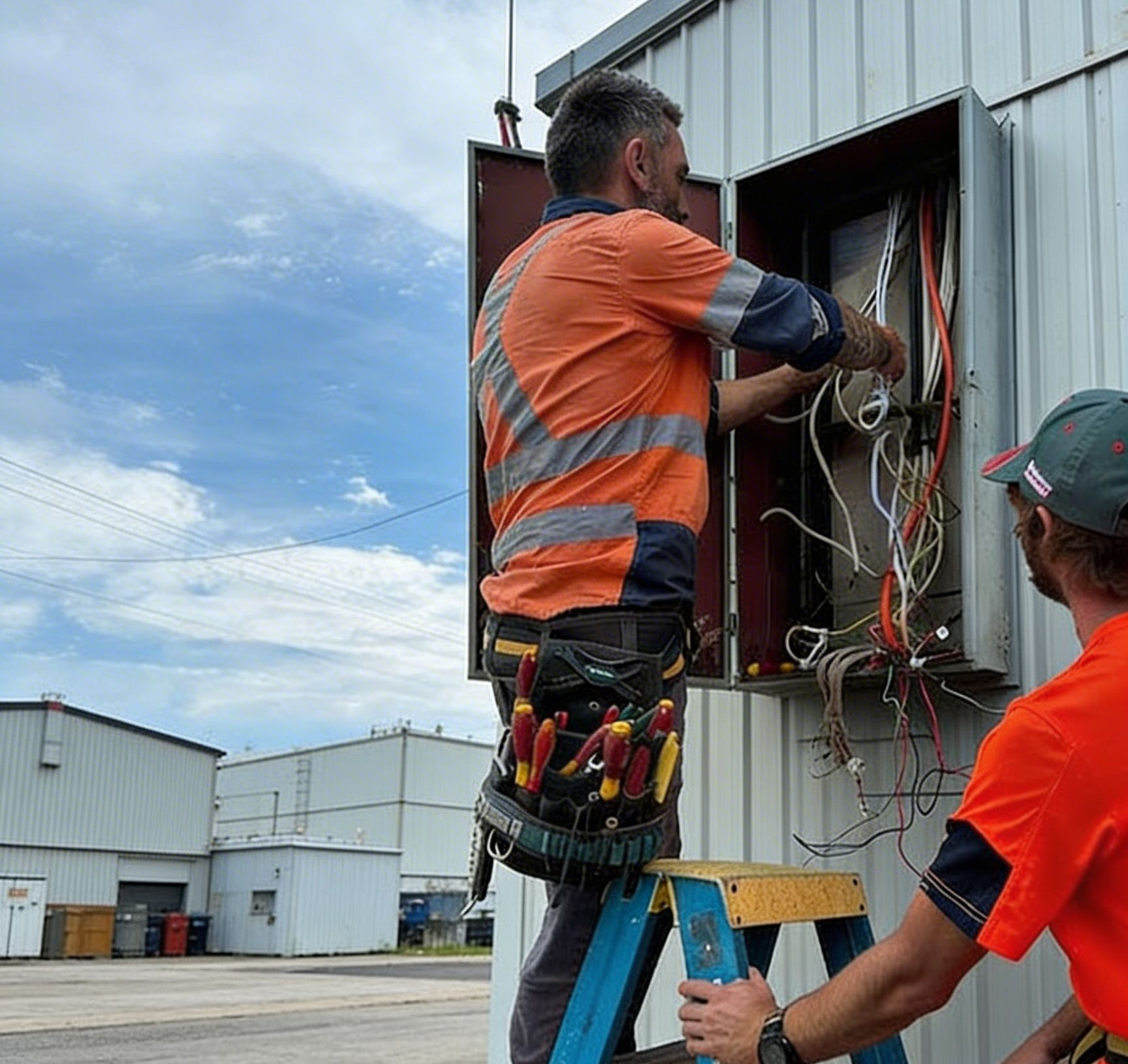 Two workers in high-visibility clothing repairing outdoor electrical wiring in an industrial setting.