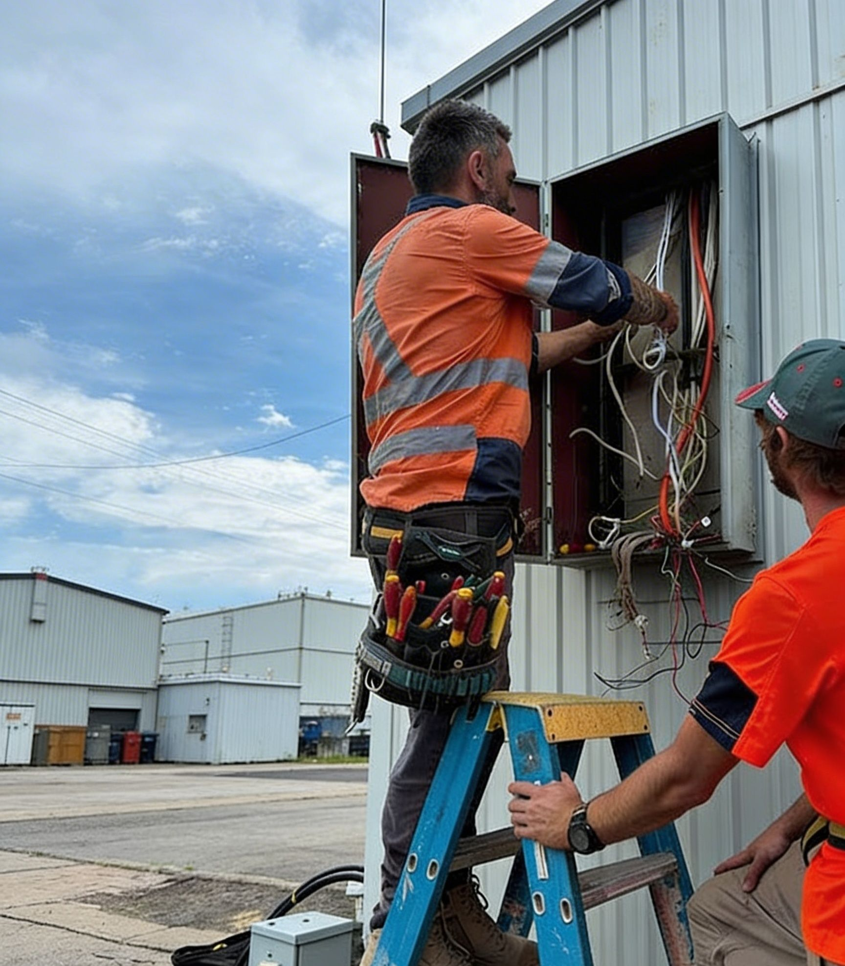 Two workers in high-visibility orange shirts repair electrical wiring inside an outdoor junction box on a ladder.