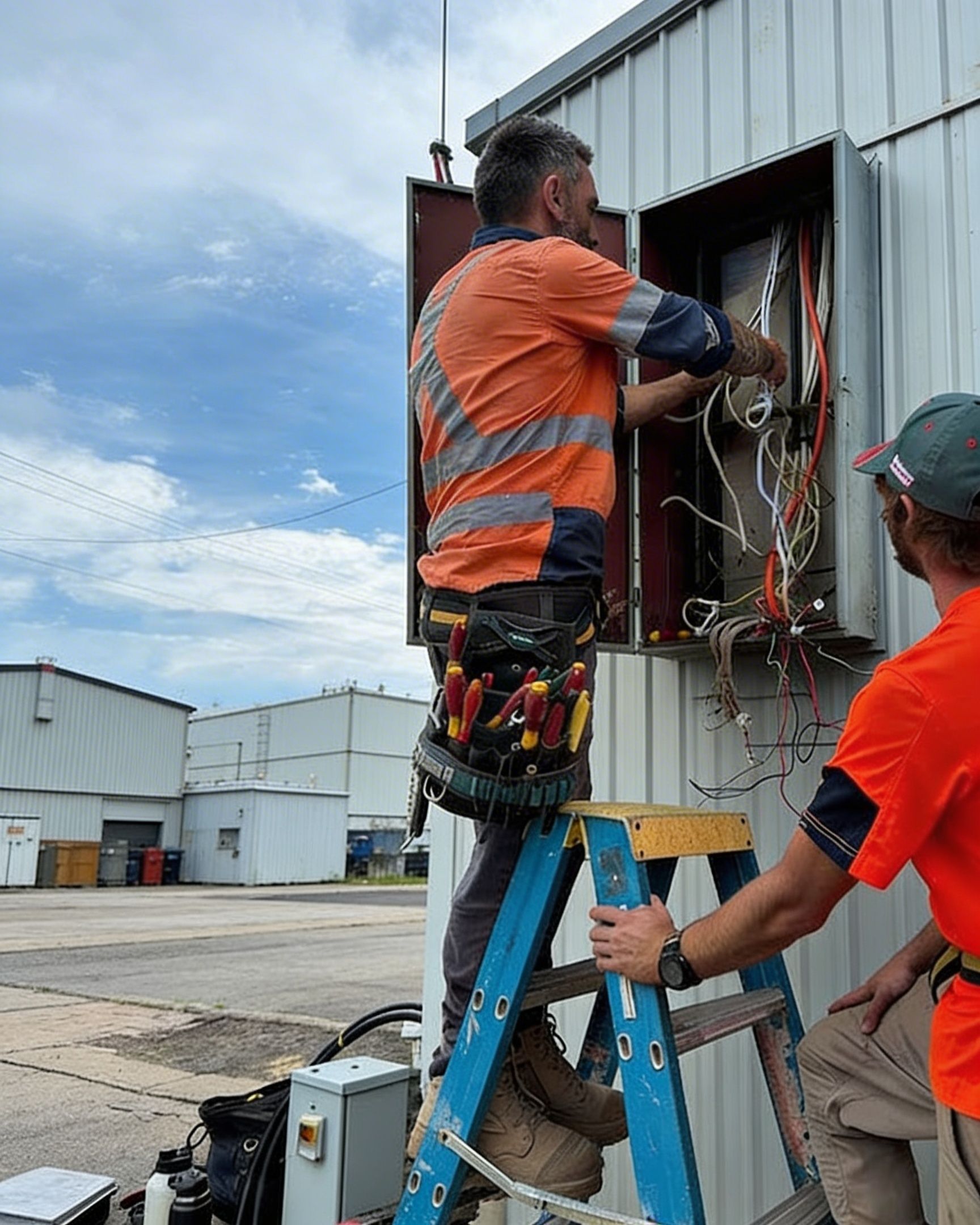 Two workers in orange high-visibility uniforms perform electrical repairs on an outdoor wall-mounted box from a ladder.