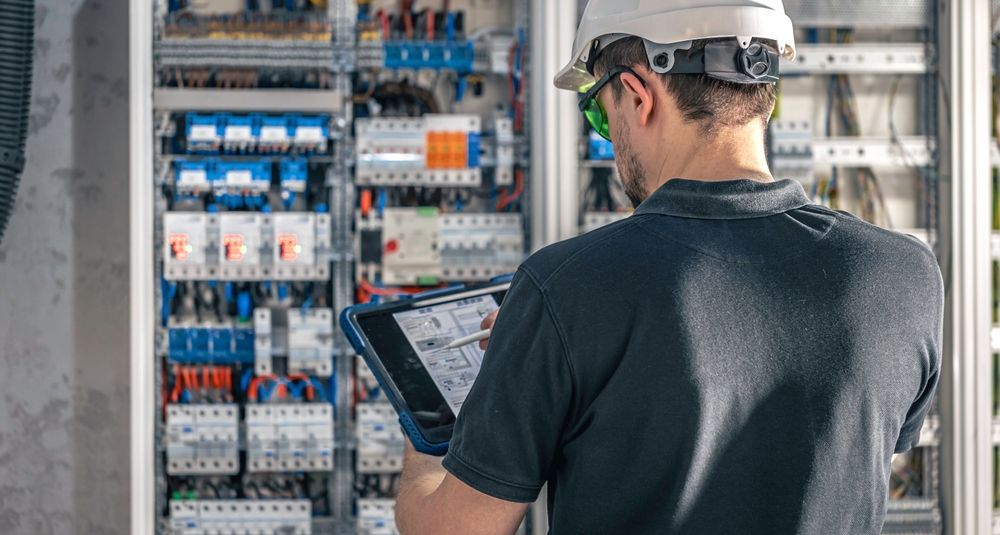 A person wearing a hard hat and safety glasses holds a tablet while inspecting a large, open electrical control panel.