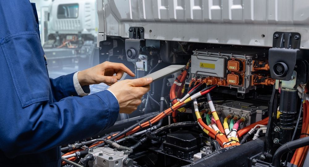 Technician in blue uniform checks diagnostics on a tablet while inspecting the electric powertrain of a truck.