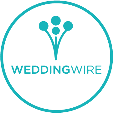 The logo for weddingwire is a blue circle with a flower in the middle.