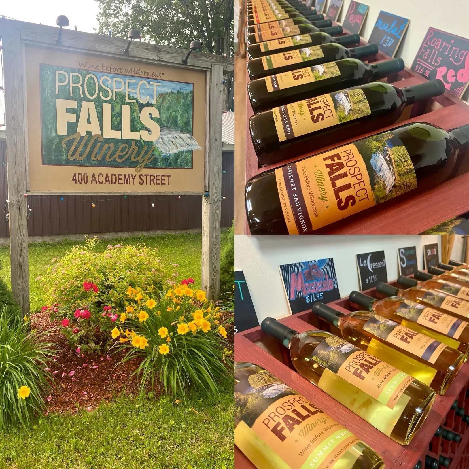 A sign for prospect falls winery is above a row of wine bottles