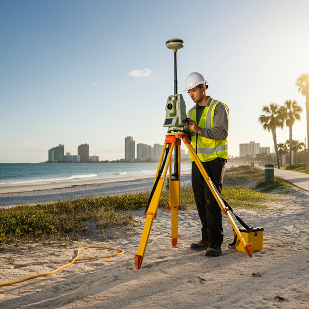 A man is standing on a beach using a total station.
