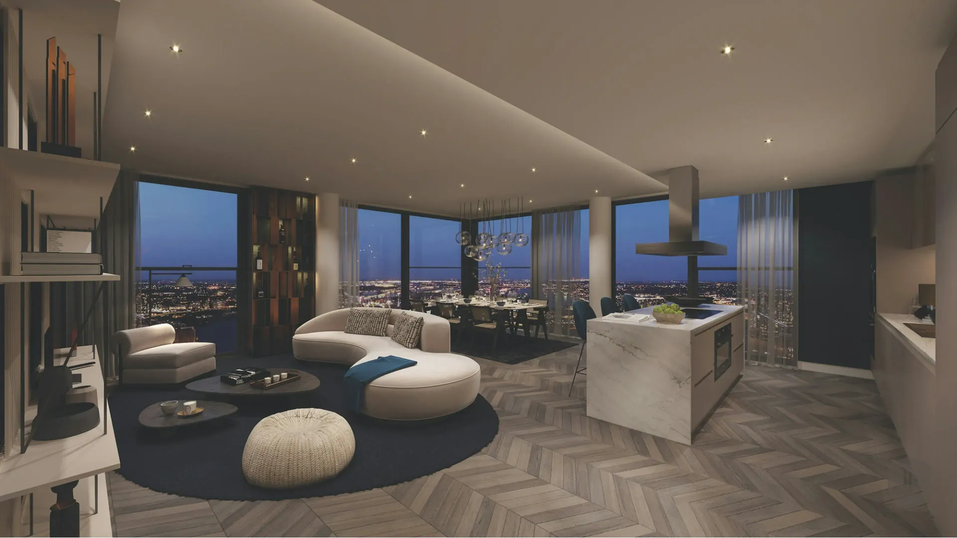 Modern, upscale penthouse living room with city view at night. Features open kitchen, living, dining area.