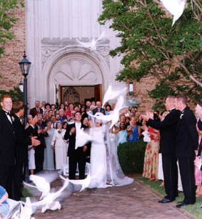 Wedding couple releasing white doves outside a church as guests watch and applaud