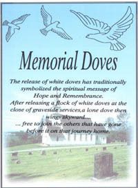 Memorial Doves poster with white doves flying over a cemetery scene and commemorative text