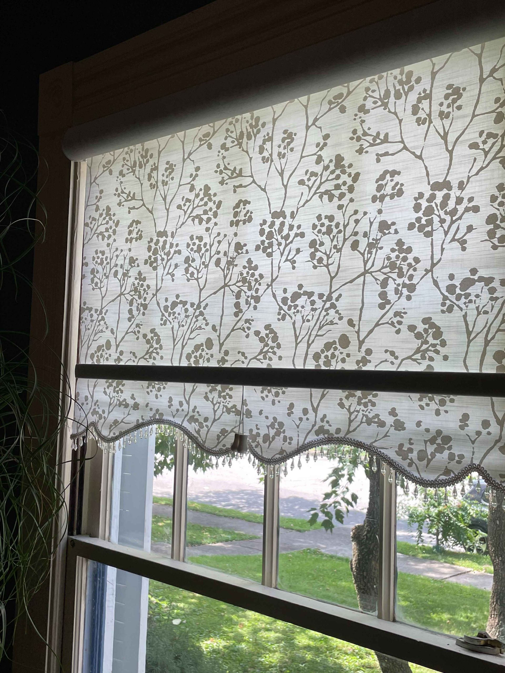 Window with floral patterned shade, scallop hem, and beaded trim, overlooking a tree-lined street.