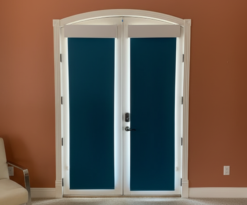 Double white French doors with blackout shades in a peach-colored room, with part of a chair on the left