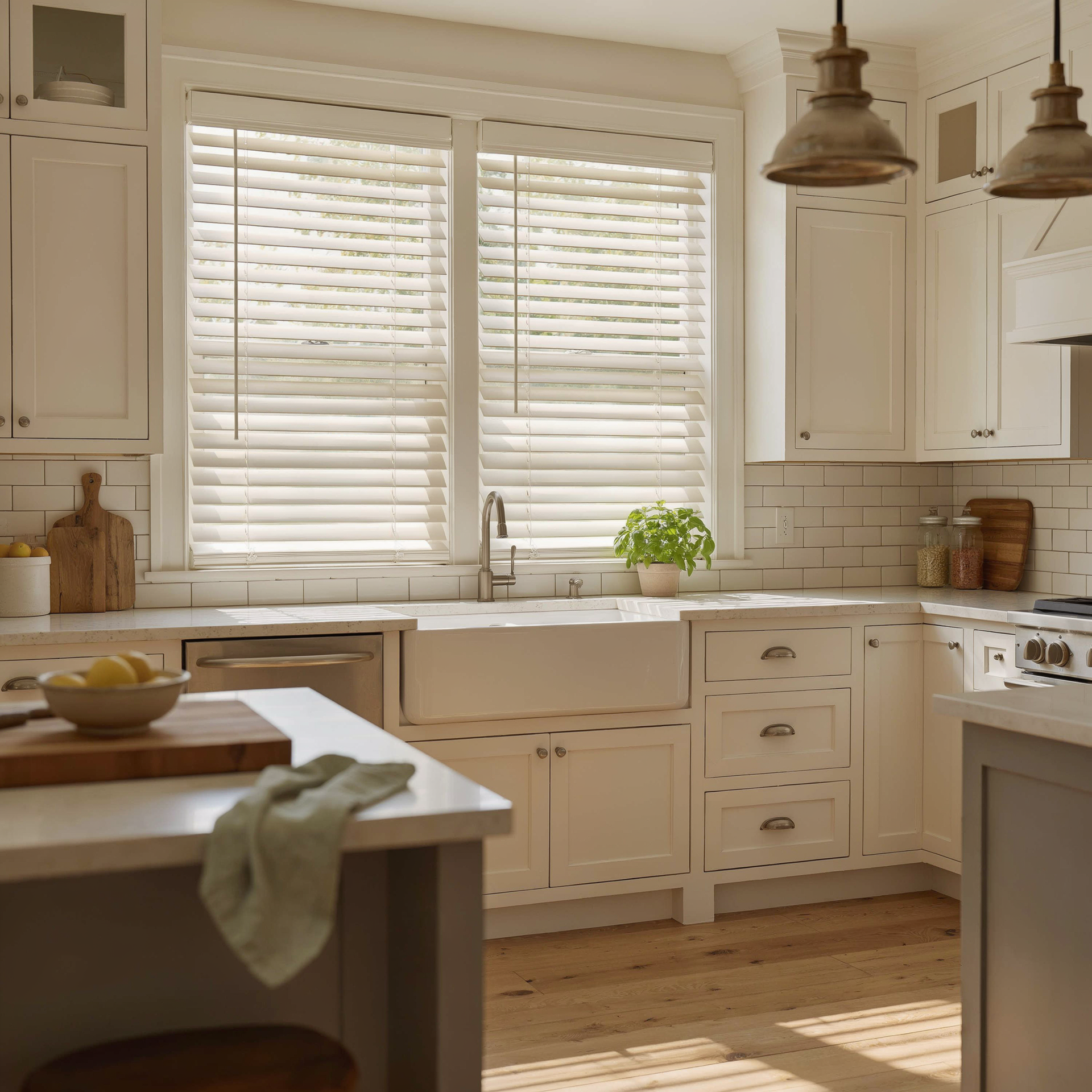 Bright cream kitchen with white cabinets, faux wood blinds, island, and sunlit wood floor