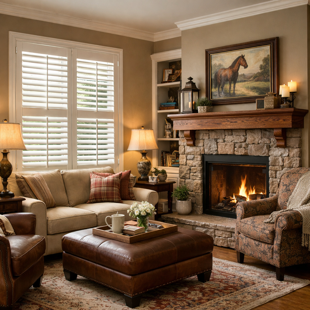 Cozy living room with leather seating, fireplace, plantation shutters, and warm beige decor