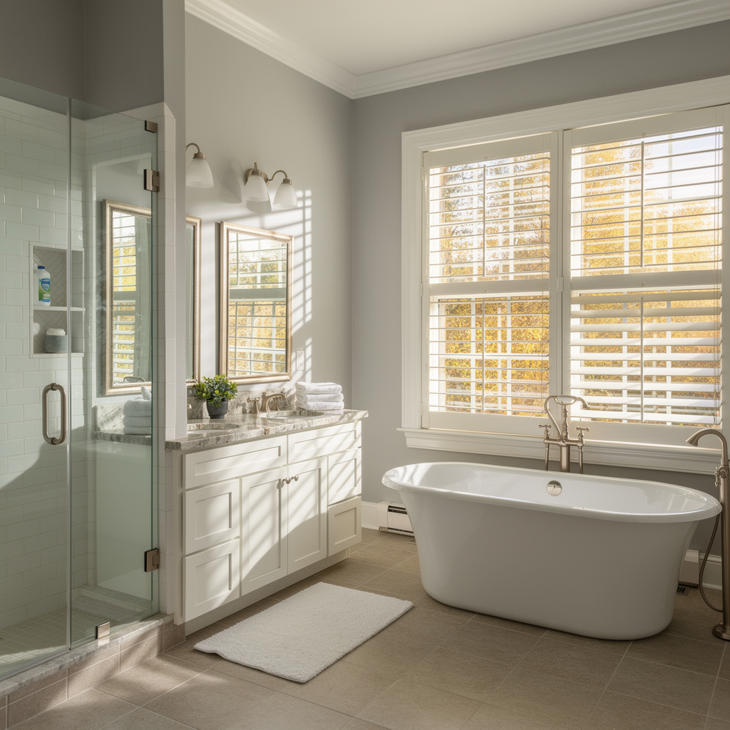 Bright modern bathroom with glass shower, white vanity, tub, and plantation shutters.