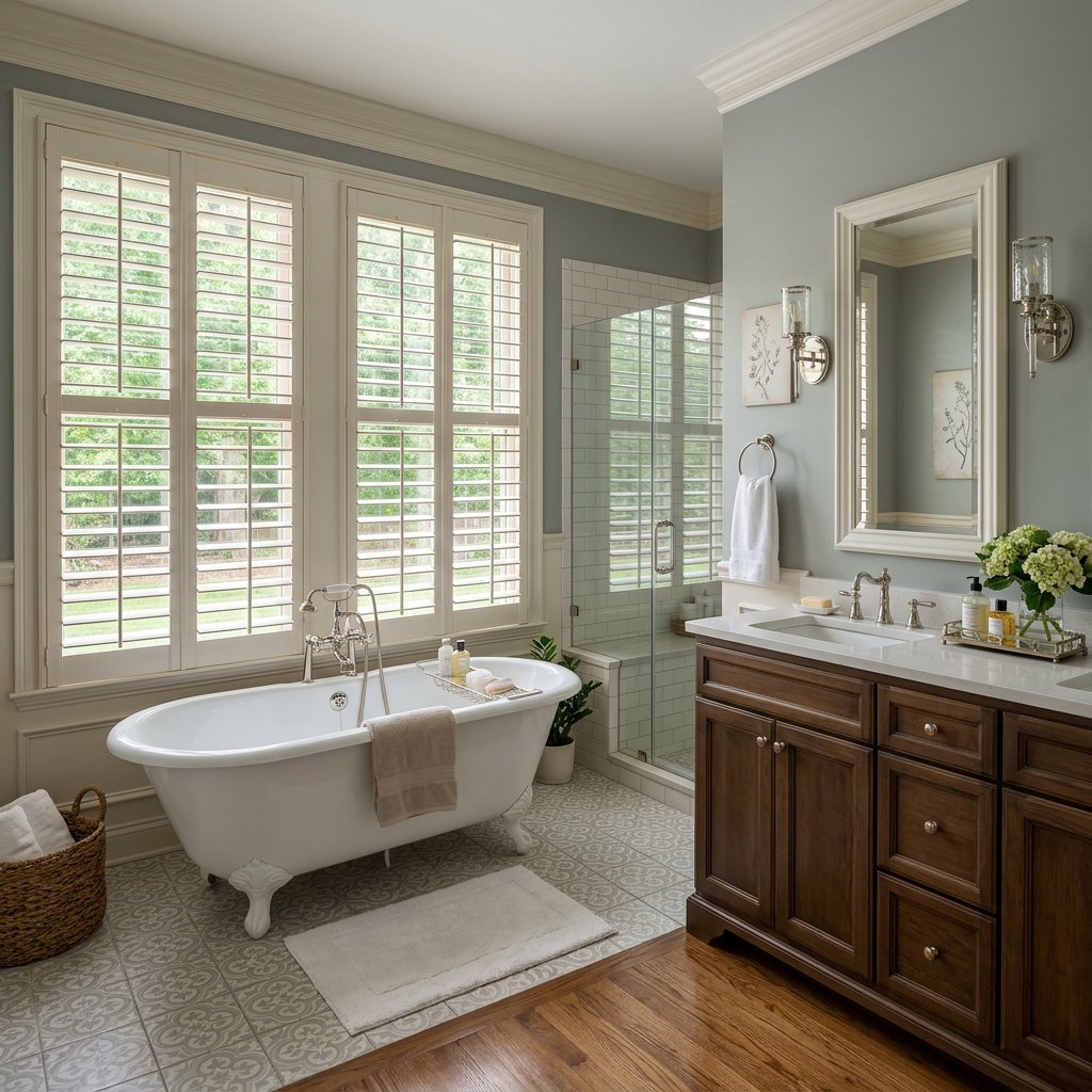 Bright bathroom with freestanding tub, wood vanity, large windows with interior shutters, and a walk-in shower.