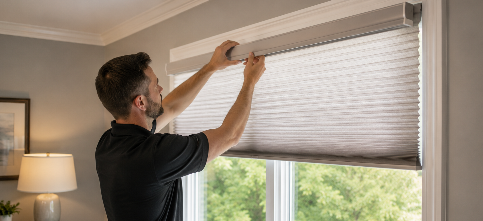 Person adjusting a window blind in a sunlit room
