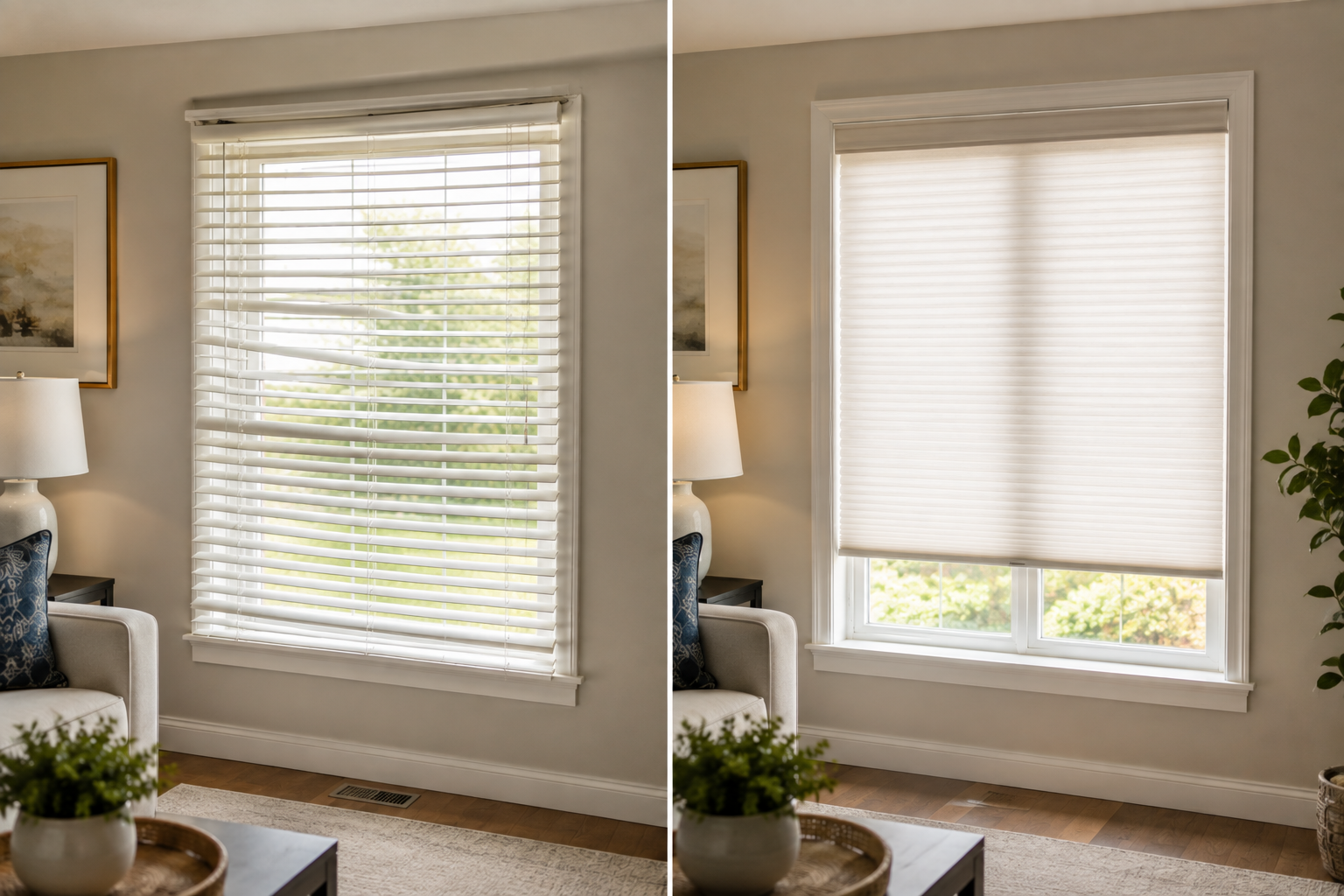Side-by-side view of a window with blinds open and closed in a living room