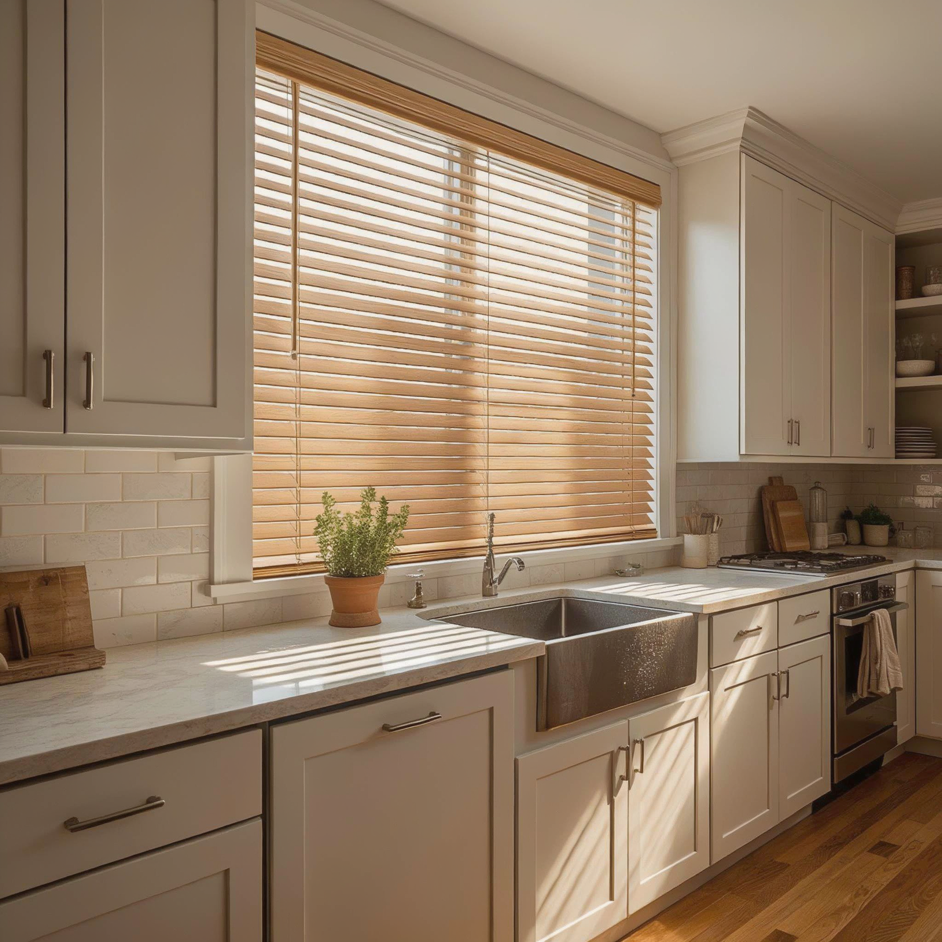 Bright kitchen with white cabinets, farmhouse sink, faux wood blinds, and a wooden countertop.